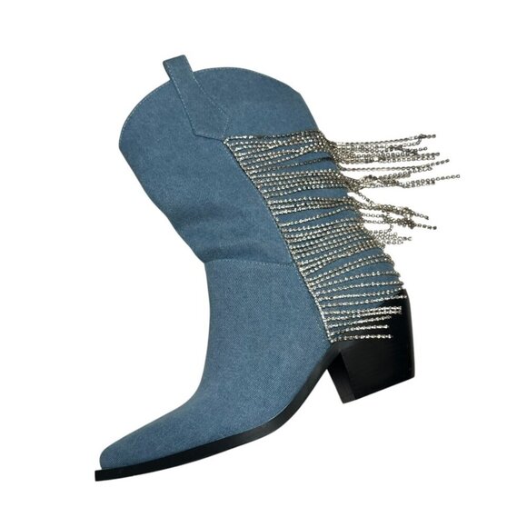 Azalea Wang TooCute Denim Rhinestone Fringed Mid Calf Cowboy Boots Size 7 NEW - Picture 5 of 12
